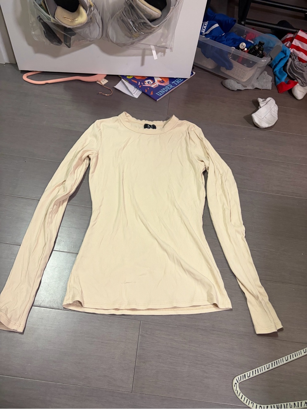 naked wardrobe Cream Ribbed Long Sleeve Crewneck Top